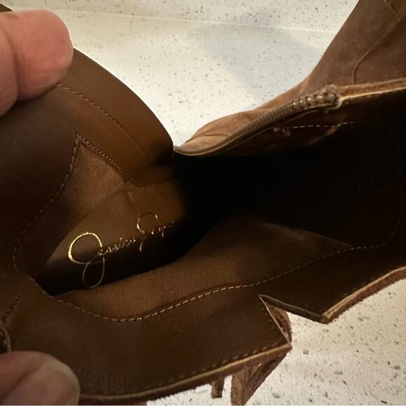 Jessica Simpson Fringe Brown Suede Pointed Toe Heeled Ankle Booties Boots 9M/40 - Picture 13 of 14